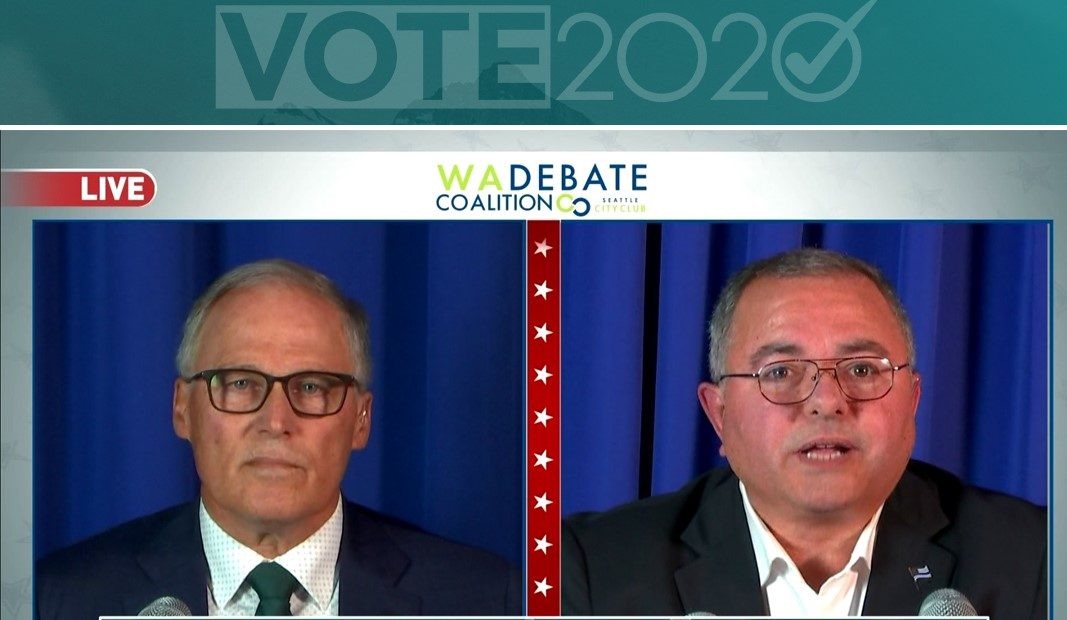 Incumbent Gov. Jay Inslee met with his GOP challenger, Republic Police Chief Loren Culp, on Wednesday, Oct. 7, for a debate sponsored by the Washington State Debate Coalition and broadcast statewide.