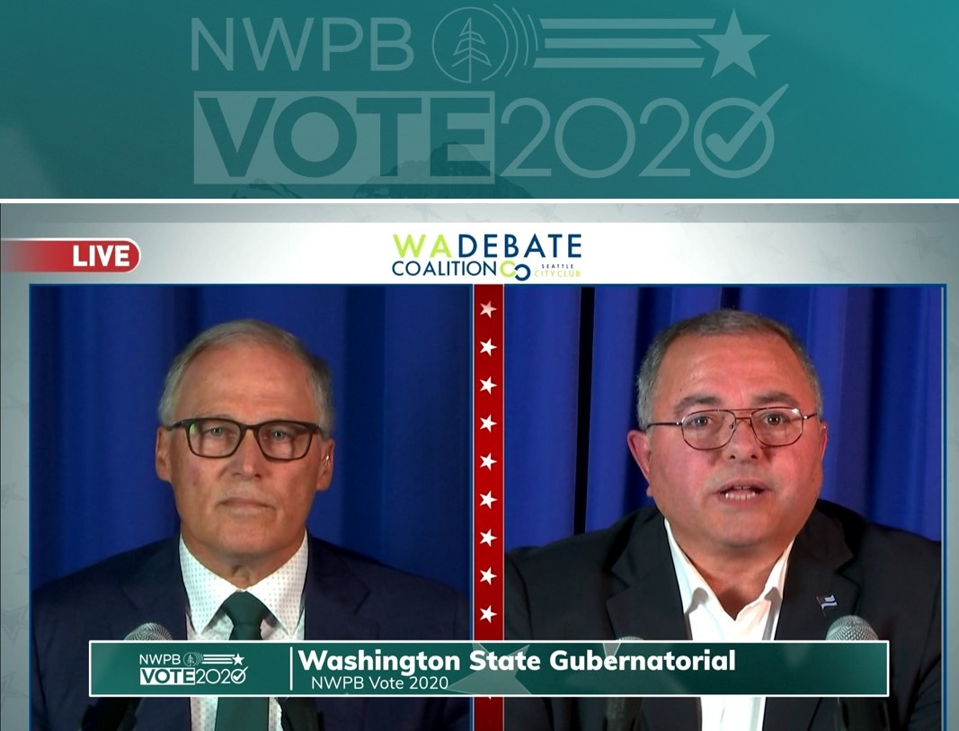 Incumbent Gov. Jay Inslee met with his GOP challenger, Republic Police Chief Loren Culp, on Wednesday, Oct. 7, for a debate sponsored by the Washington State Debate Coalition and broadcast statewide.