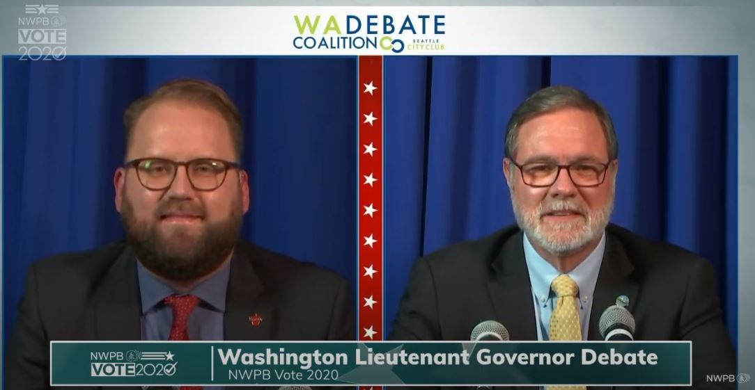 Washington state Sen. Marko Liias, left, met with Congressman Denny Heck on Thursday, Oct. 22 for a statewide debate for lieutenant governor. CREDIT: NWPB/TVW