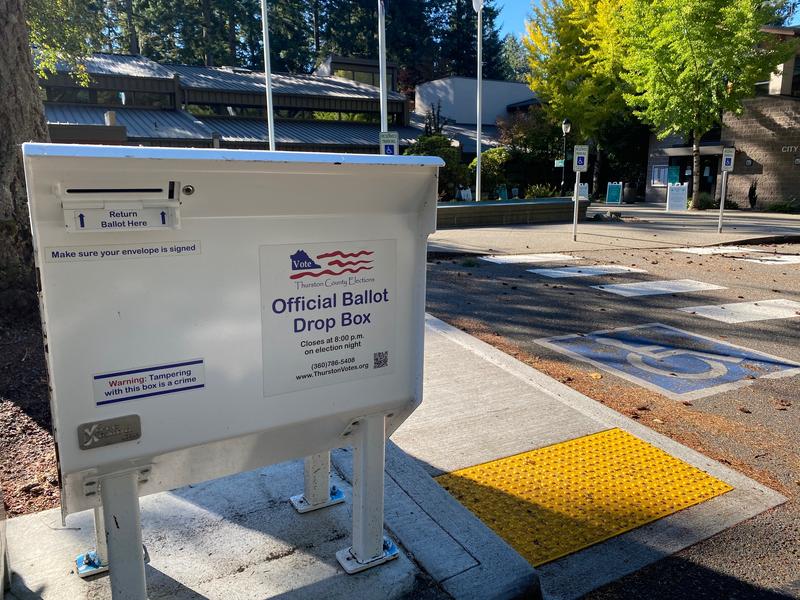 A ballot drop box in Thurston County, Washington. While ballots must be returned to a drop box by 8 p.m. on Election Day, they can still be counted if they come in through the mail weeks later as long as they're postmarked by Election Day. CREDIT: Austin Jenkins/N3