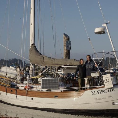 Sarah Laidlaw and Rob Martin are sailing around the world on the 38-foot cruiser Mapache, seen here before departure at the Port of Ilwaco, Washington.