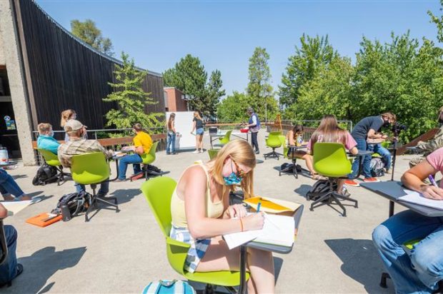 University of Idaho students attend a College of Natural Resources class outside during the first day of classes on Aug. 24, 2020. Courtesy of UI