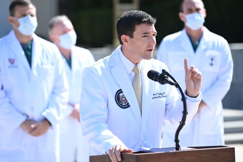 White House physician Sean Conley updates the press on the health status of President Trump on Sunday, Oct. 4. CREDIT: Brendan Smialowski/AFP via Getty Images