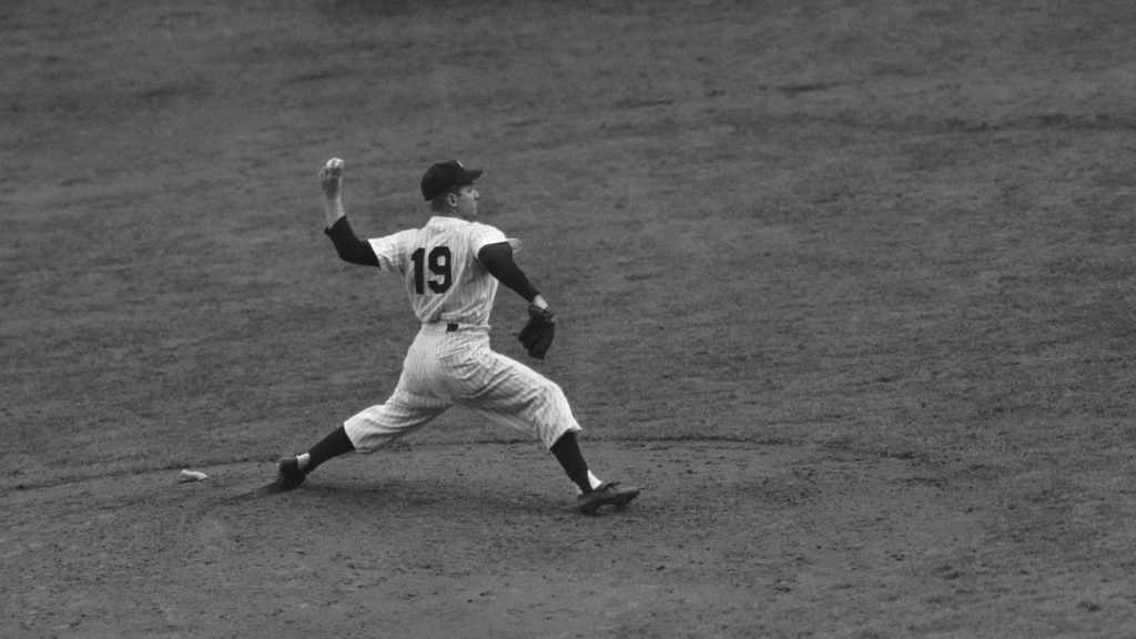 Ed "Whitey" Ford, New York Yankees, pitching in the fourth game of the World Series against the Philadelphia Phillies in Oct.1950. John Rooney/AP