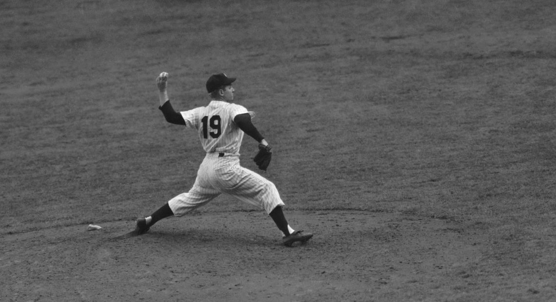 Ed "Whitey" Ford, New York Yankees, pitching in the fourth game of the World Series against the Philadelphia Phillies in Oct.1950. John Rooney/AP