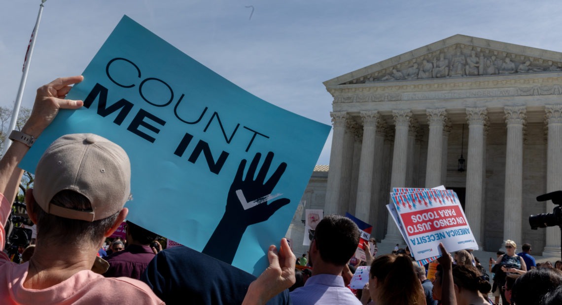 Protesters holding signs about the 2020 census gather outside the Supreme Court in Washington, D.C., in 2019. CREDIT: Aurora Samperio/NurPhoto via Getty Images