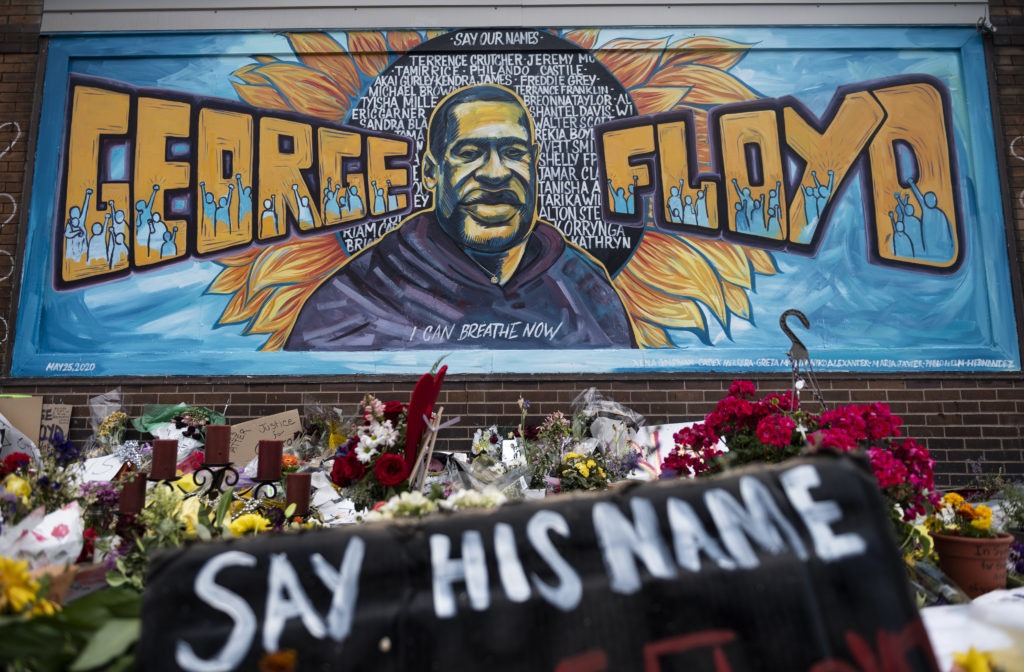 A memorial stands where George Floyd was killed in Minneapolis on May 25 while in police custody. CREDIT: Stephen Maturen/Getty Images