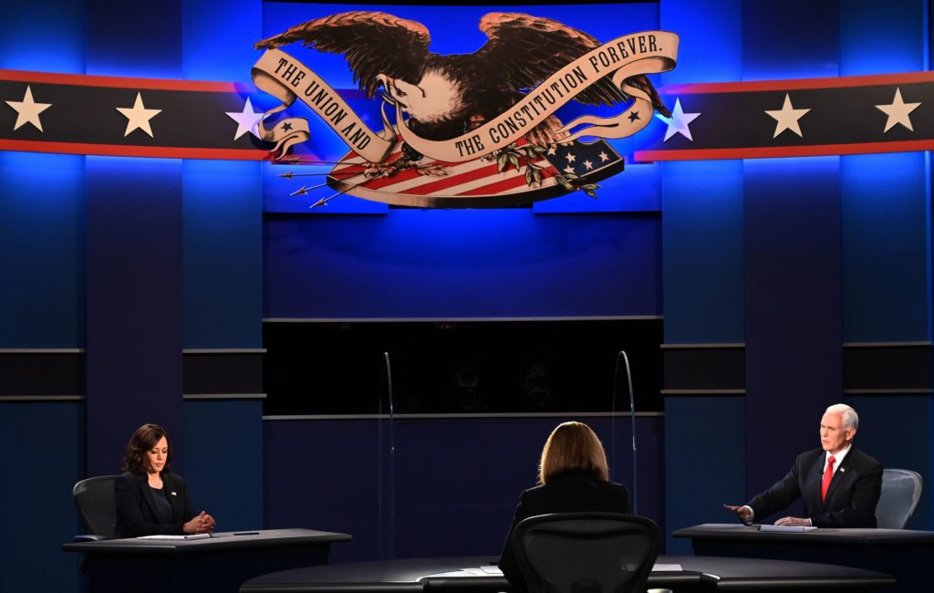 Vice President Pence speaks during the vice presidential debate with Democratic vice presidential nominee Sen. Kamala Harris, D-Calif., at the University of Utah in Salt Lake City on Wednesday, Oct. 7.