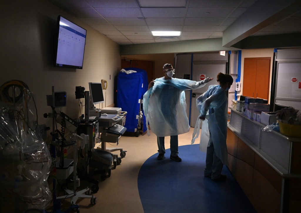 The ICU at Tampa General Hospital in Tampa, Fla., was 99% full this week, according to an internal report produced by the federal government. It's among numerous hospitals the report highlighted with ICUs filled to over 90% capacity. CREDIT: Michael S. Williamson/The Washington Post via Getty Images