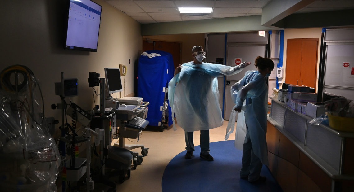 The ICU at Tampa General Hospital in Tampa, Fla., was 99% full this week, according to an internal report produced by the federal government. It's among numerous hospitals the report highlighted with ICUs filled to over 90% capacity. CREDIT: Michael S. Williamson/The Washington Post via Getty Images