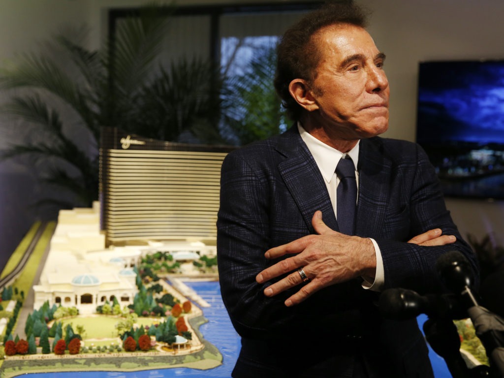 Steve Wynn speaks to reporters in Massachusetts in 2016, when he still led Wynn Resorts. In 2018, Wynn stepped down from the company after a series of allegations of sexual misconduct, including one allegation of rape. Wynn has denied any wrongdoing. CREDIT: Jessica Rinaldi/Boston Globe via Getty Images