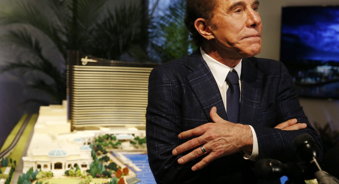 Steve Wynn speaks to reporters in Massachusetts in 2016, when he still led Wynn Resorts. In 2018, Wynn stepped down from the company after a series of allegations of sexual misconduct, including one allegation of rape. Wynn has denied any wrongdoing. CREDIT: Jessica Rinaldi/Boston Globe via Getty Images