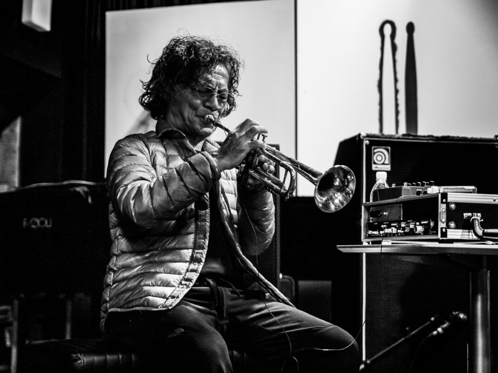 Esteemed jazz musician Toshinori Kondo playing the trumpet. CREDIT: Peter Gannushkin