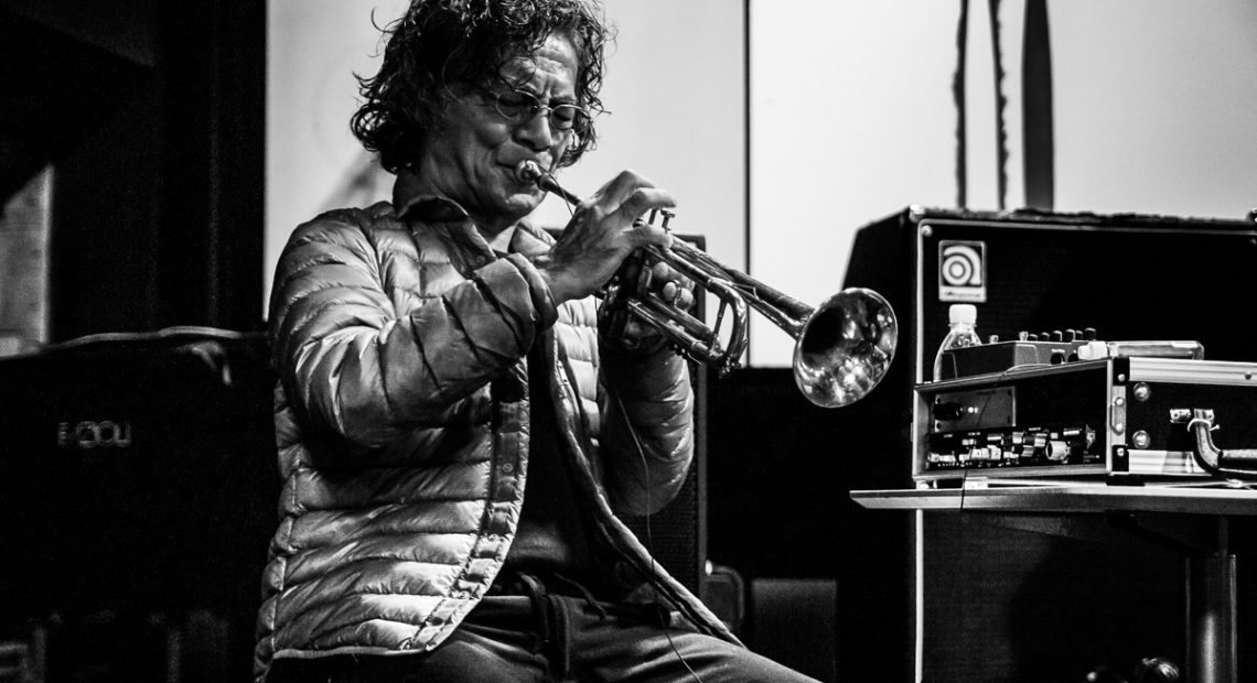 Esteemed jazz musician Toshinori Kondo playing the trumpet. CREDIT: Peter Gannushkin
