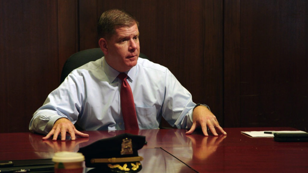 City Hall tags along as Boston mayor Marty Walsh attends various appointments and public appearances — including this meeting about violent crime. Courtesy of Zipporah Films