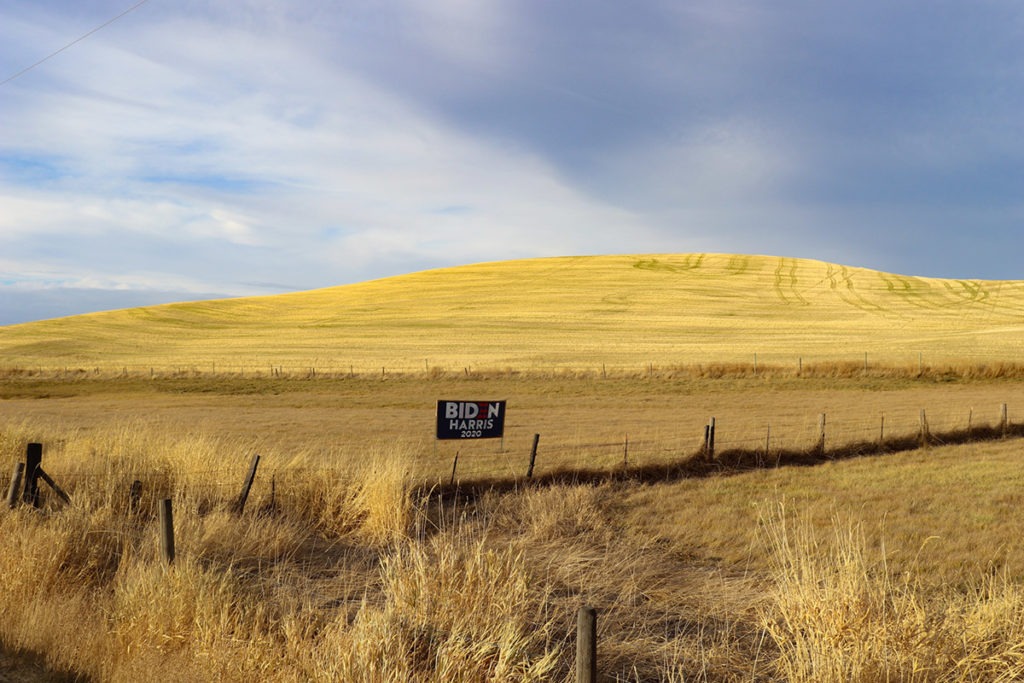 A campaign sign for the Democratic presidential ticket faces the highway from a field between Pullman and Colfax, Washington, on Nov. 3, 2020. CREDIT: Kelis Barton/WSU Murrow College 
