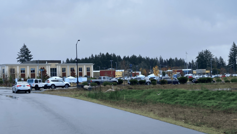 Cars line up at the Providence Southwest Washington Covid-19 drive-up testing site in Hawks Prairie near Olympia. CREDIT: Austin Jenkins/N3