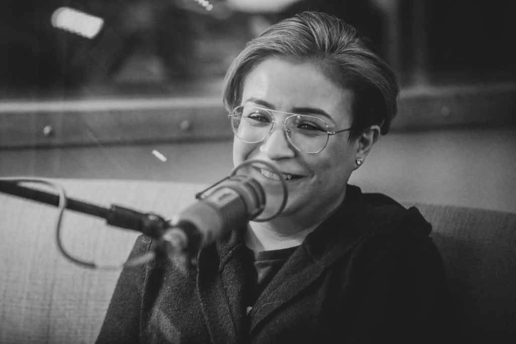 Photo of Dior Vargas during a recording of Traverse Talks with Sueann Ramella.