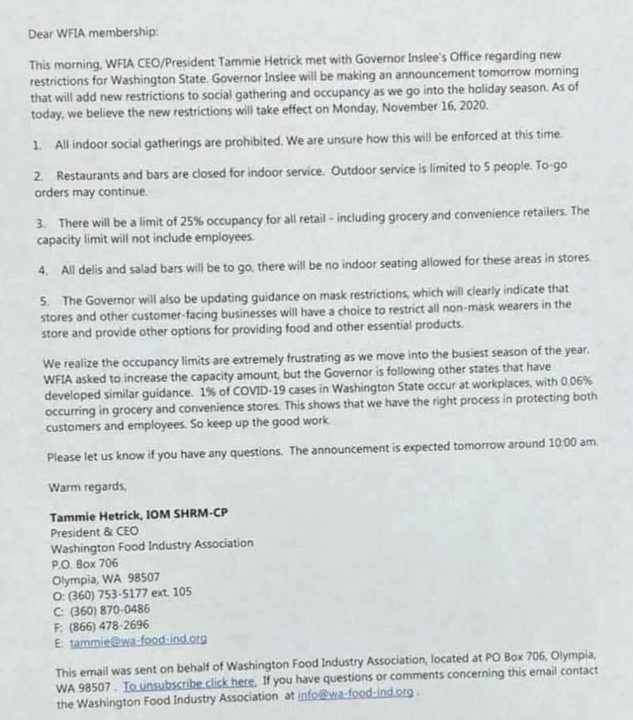 Washington Gov. Jay Inslee was expected to issue new restrictions for bars, restaurants and retail on Nov. 15, 2020. The Washington Food Industry Association sent out such guidance to its member the day before. Courtesy of WFIA