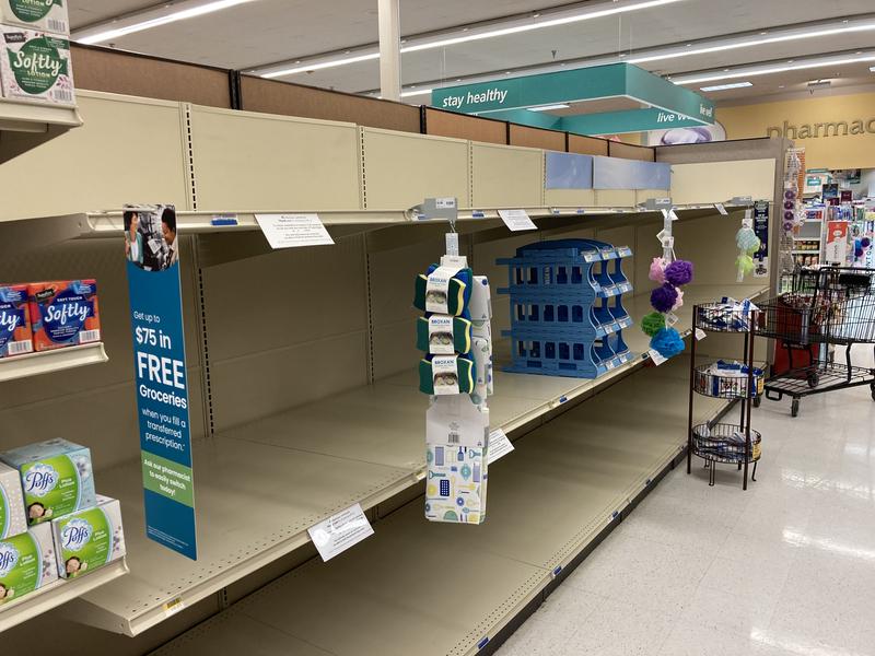 Toilet paper is sold out at a Safeway store in Tumwater, Washington. A wave of 'panic buying' followed news that Gov. Jay Inslee was instituting tough new restrictions to address a third wave of Covid-19.