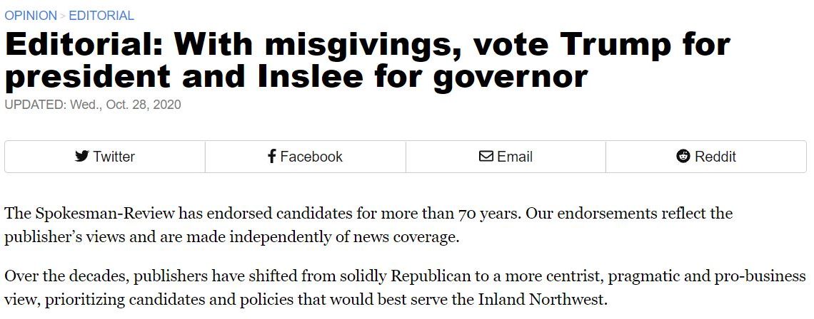 The Spokesman-Review endorsed Donald Trump for president and Jay Inslee for Washington governor in October 2020. But that was just the view of one person: the paper's owner and publisher. Screenshot by NWPB