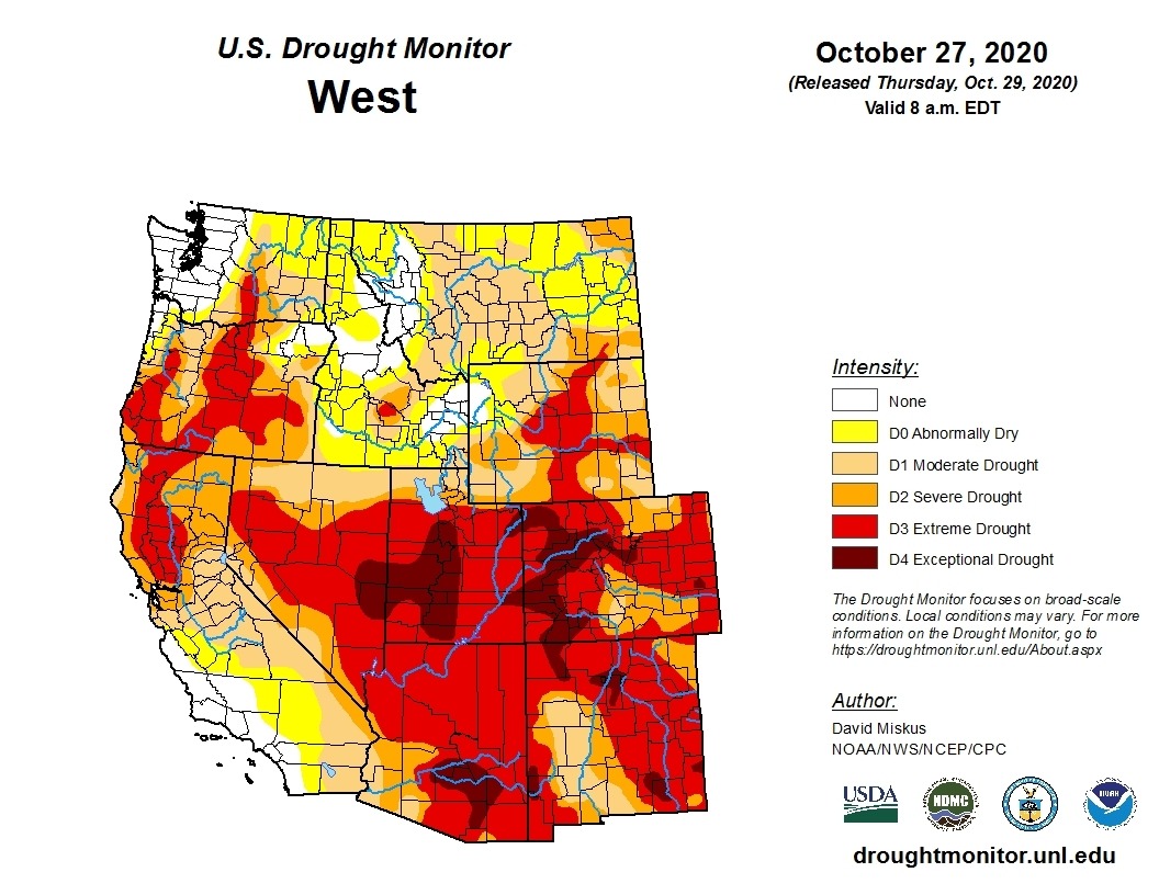 Drought conditions in the U.S. West, particularly parts of the Northwest, could be eased by an expected 2020-21 La La Niña winter. CREDIT: U.S. Drought Monitor
