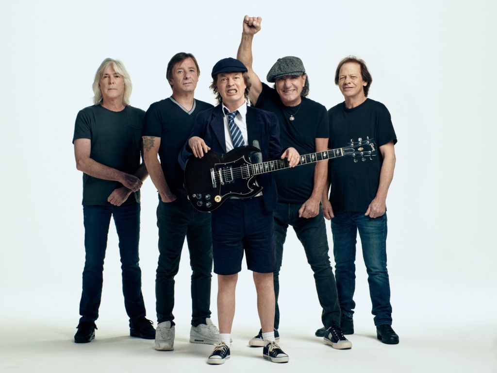 AC/DC, left to right: Cliff Williams, Phil Rudd, Angus Young, Brian Johnson, Stevie Young. Josh Cheuse/Courtesy of the artist