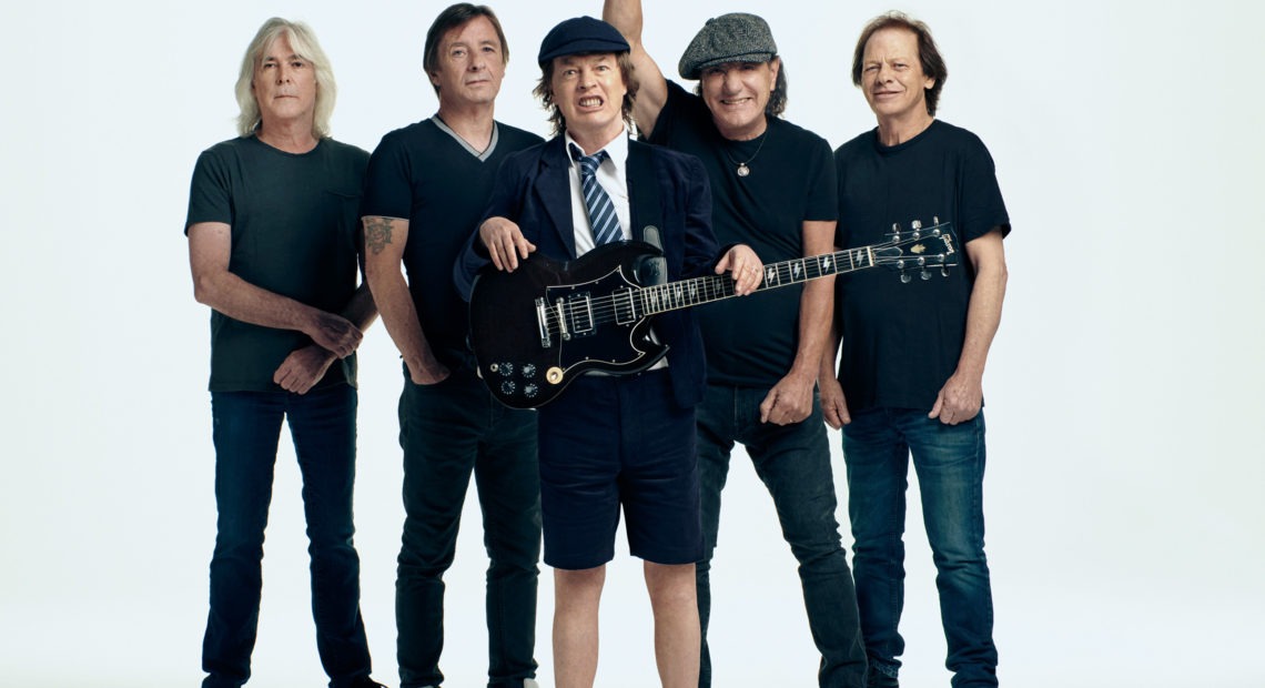 AC/DC, left to right: Cliff Williams, Phil Rudd, Angus Young, Brian Johnson, Stevie Young. Josh Cheuse/Courtesy of the artist