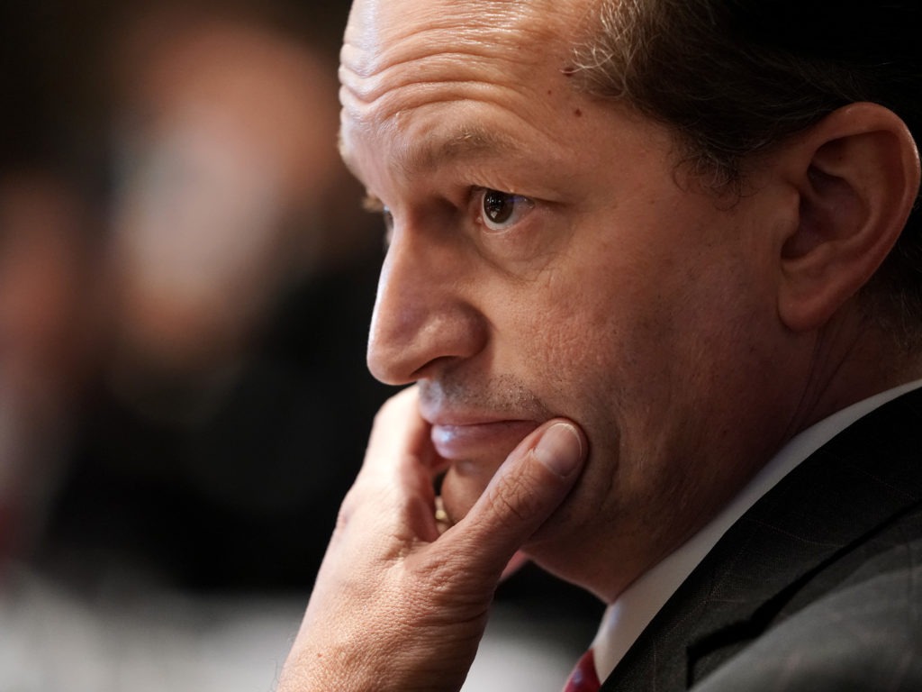 The Justice Department found Thursday that former U.S. Labor Secretary Alexander Acosta, shown here during a 2019 Cabinet meeting at the White House, showed "poor judgment" in the prosecution of Jeffrey Epstein. CREDIT: Chip Somodevilla/Getty Images