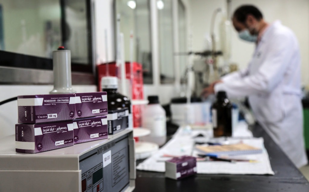 Boxes containing vials of remdesivir at a pharmaceutical company in Giza, Egypt. CREDIT: Fadel Dawood/DPA/Picture Alliance via Getty Images