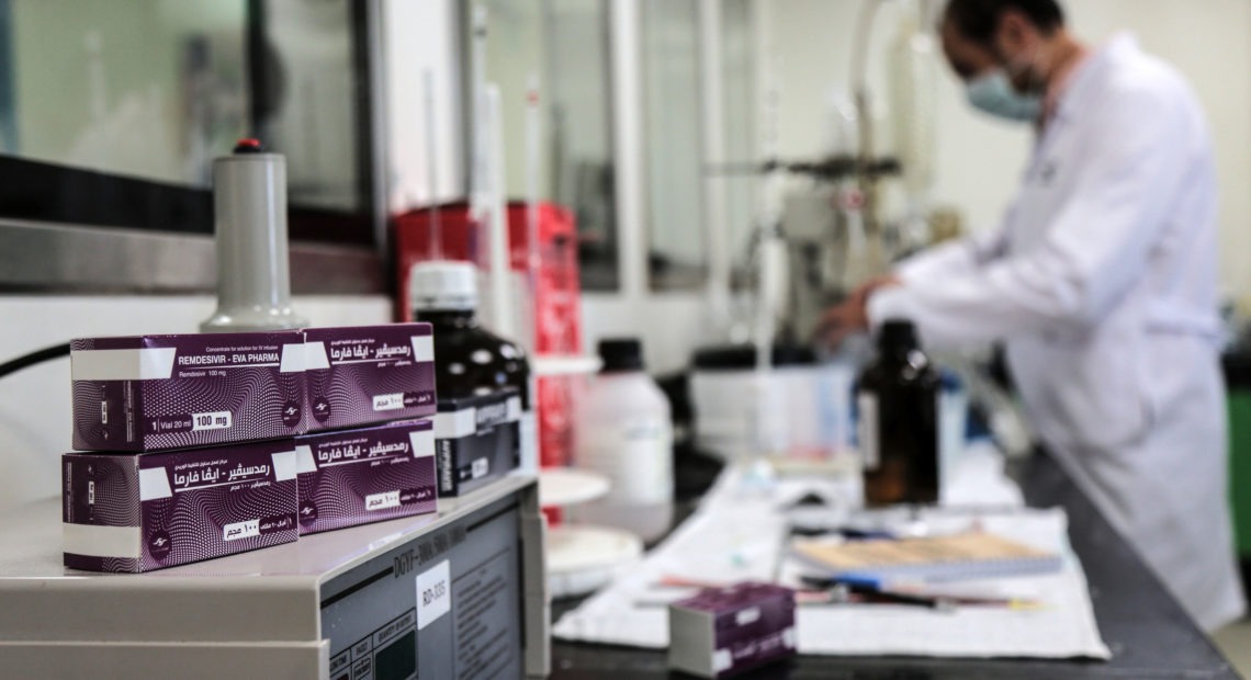 Boxes containing vials of remdesivir at a pharmaceutical company in Giza, Egypt. CREDIT: Fadel Dawood/DPA/Picture Alliance via Getty Images