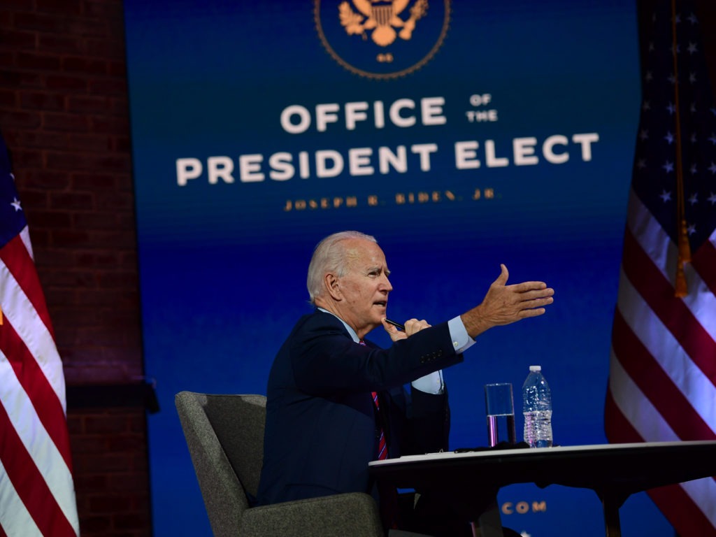 President-elect Joe Biden speaks Monday in Wilmington, Del., during a virtual meeting with the U.S. Conference of Mayors. Mark Makela/Getty Images