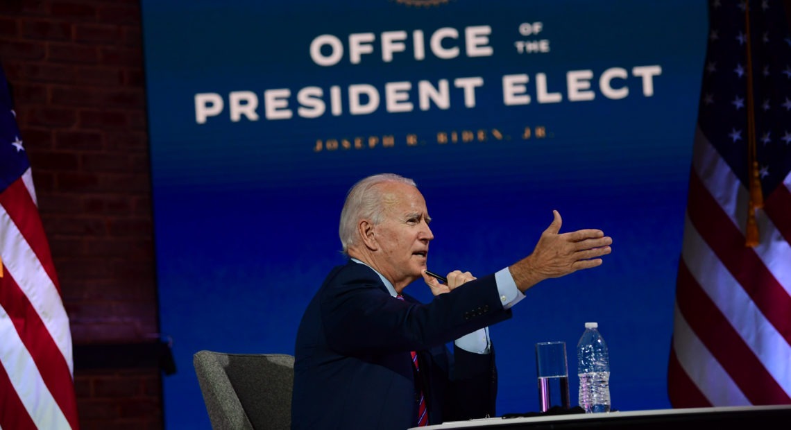 President-elect Joe Biden speaks Monday in Wilmington, Del., during a virtual meeting with the U.S. Conference of Mayors. Mark Makela/Getty Images