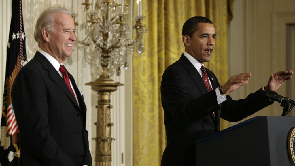 Vice President Biden joins President Barack Obama as he speaks about a newly created working families task force just 10 days after they were inaugurated in 2009. CREDIT: Yuri Gripas/AFP via Getty Images