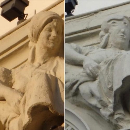 Before and after the recent "restoration" of a statue in the northern Spanish city of Palencia. Courtesy of Antonio Guzmán Capel