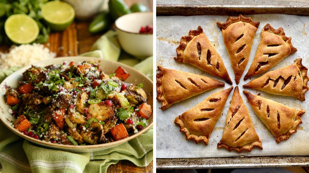 Chef Aarón Sánchez's Brussels sprouts with roasted jalapeño vinaigrette and Chef Sohla El-Waylly's apple (hand) pie