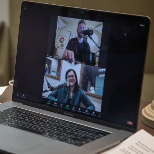 Photo of host Sueann Ramella and guest Ted Tremper talking virtually for a recording of Traverse Talks with Sueann Ramella.