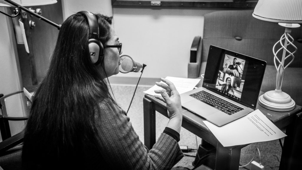 Sueann Ramella and a virtual Ted Tremper during a recording of Traverse Talks with Sueann Ramella