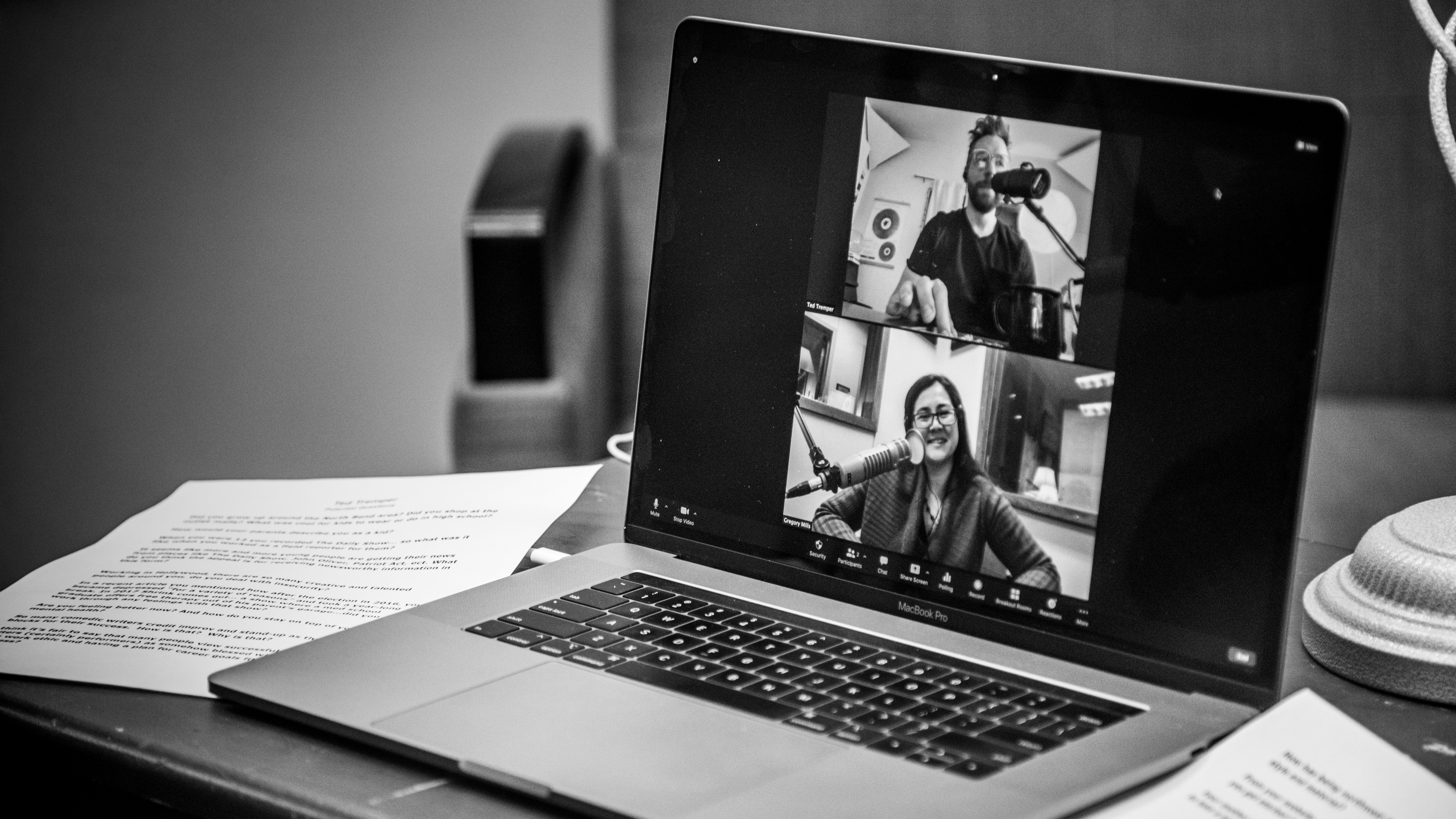 Photo of guest Ted Tremper and host Sueann Ramella talking virtually for a recording of 'Traverse Talks'