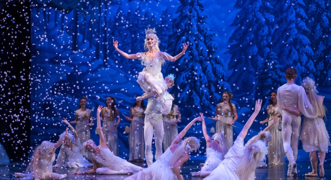 The Land of Snow scene from one of American Midwest Ballet's pre-pandemic productions of The Nutcracker. American Midwest Ballet