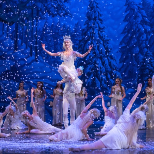 The Land of Snow scene from one of American Midwest Ballet's pre-pandemic productions of The Nutcracker. American Midwest Ballet