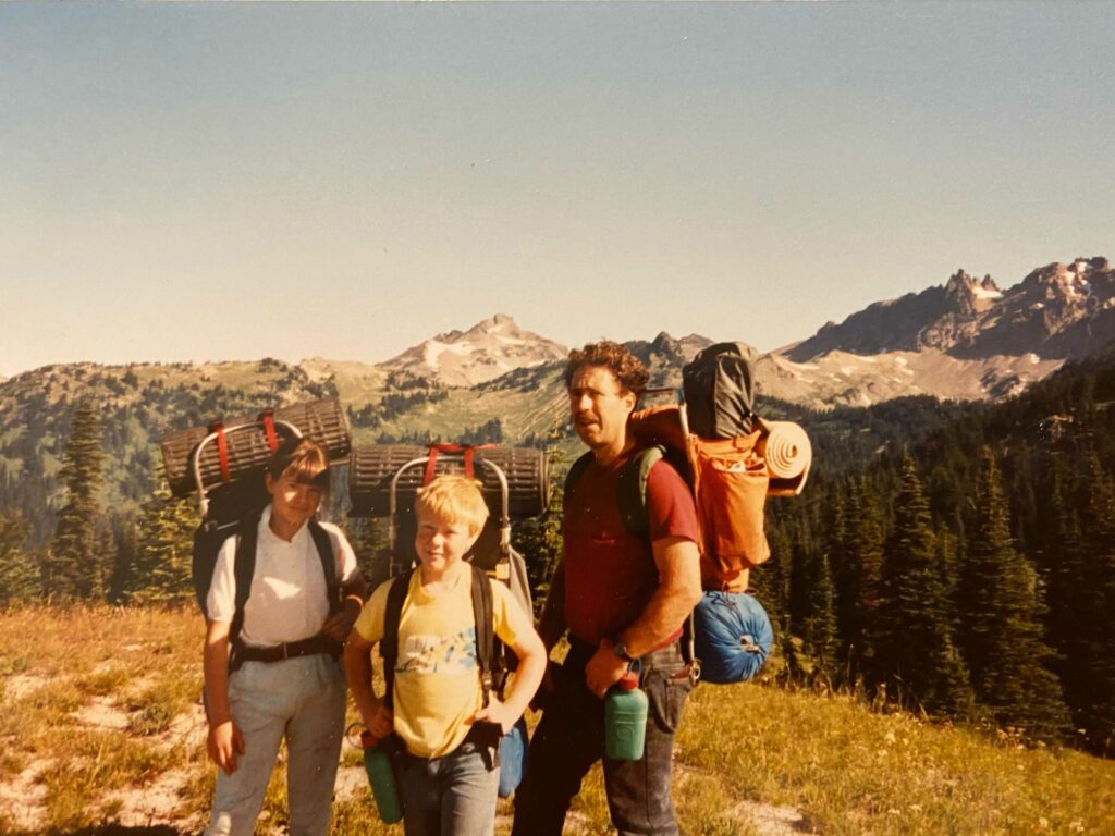 Anna King, left, her brother Matt and father Gary in summer 1989 near the Goat Rocks and Mt. Adams in central Washington. Courtesy of the King family