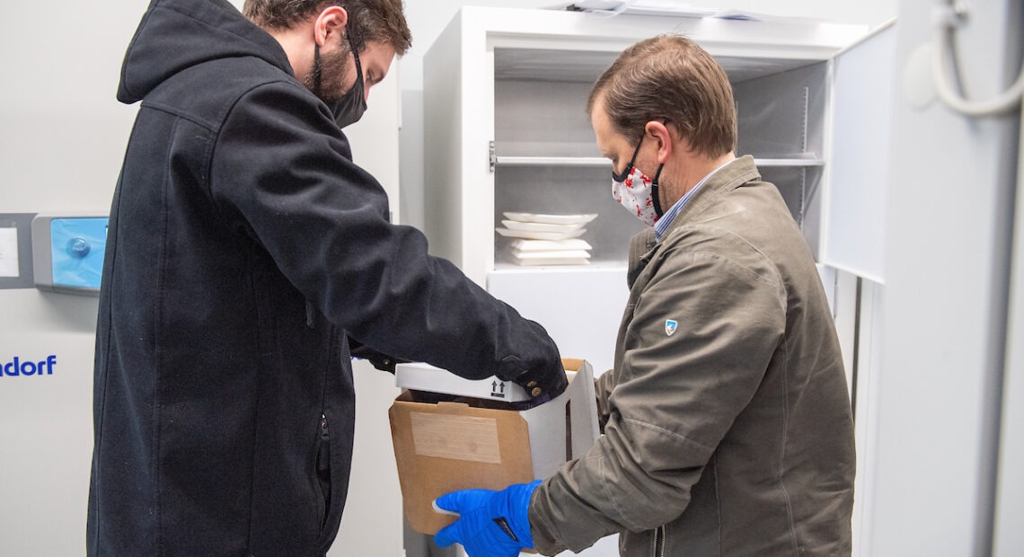 The first shipment to Whitman County of Pfizer’s COVID-19 vaccine arrived at Washington State University on Thursday, Dec. 17. WSU is using its freezers to help store the state’s supplies of the Pfizer-BioNTech vaccine. CREDIT: Robert Hubner/WSU