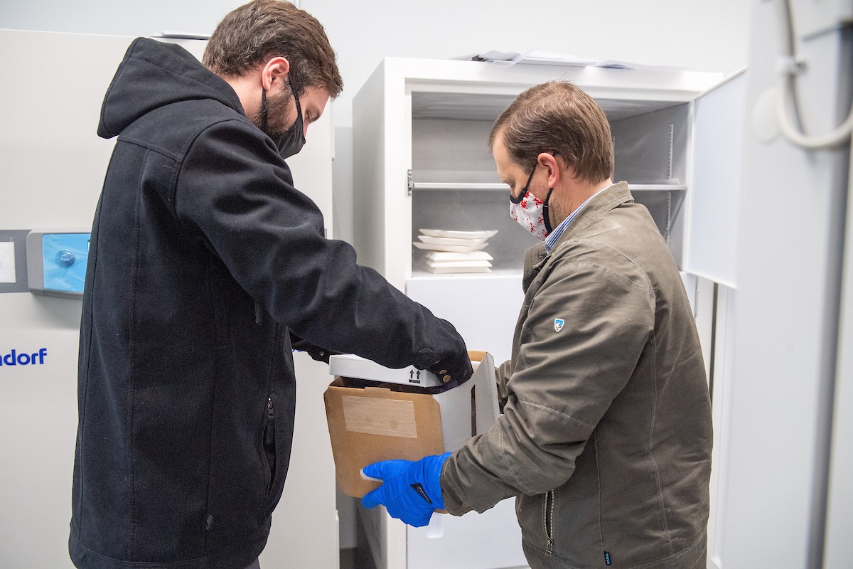 The first shipment to Whitman County of Pfizer’s COVID-19 vaccine arrived at Washington State University on Thursday, Dec. 17. WSU is using its freezers to help store the state’s supplies of the Pfizer-BioNTech vaccine. CREDIT: Robert Hubner/WSU