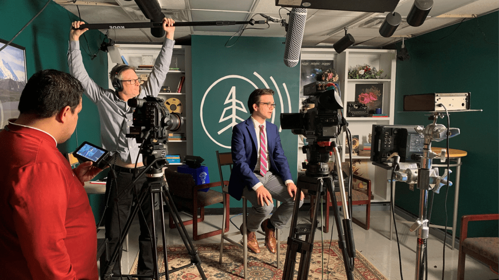 A photo of Kanale Rhoden, Greg Mills and Scott Leadingham form a promo recording of NWPB Vote2020.