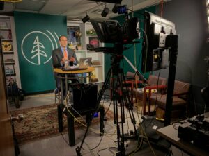 A photo of host Matt Loveless during a recording of NWPB Vote2020.
