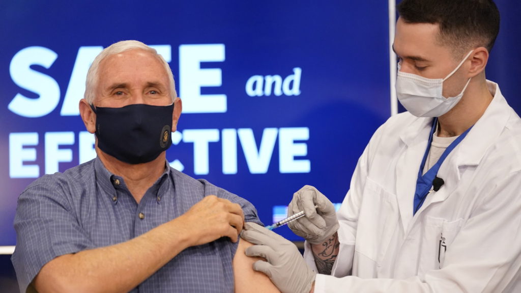 Vice President Pence receives the COVID-19 vaccine at the White House complex on Friday, Dec. 18, 2020. Andrew Harnik/AP