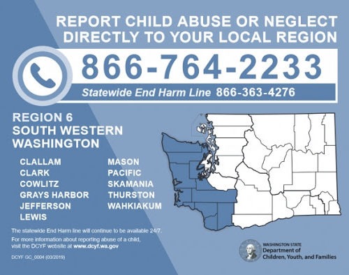 A poster for reporting child abuse and neglect in Washington State
