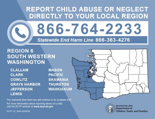 A poster for reporting child abuse and neglect in Washington State