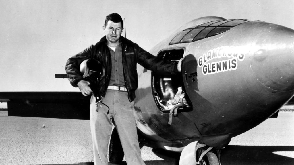 Chuck Yeager, standing next to the "Glamorous Glennis," the Bell X-1 experimental plane in which he first broke the sound barrier. AP